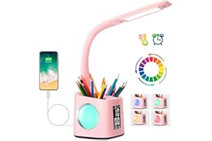 wanjiaone LED Desk Lamp with Clock,Color Changing Nightlight,Study Lamp with Pen Holder,Desk Light with USB Charger,Table Lig