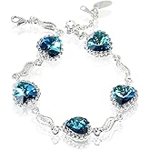 Blue Heart Crystal Bracelet for Women, 18K White Gold Plated Sparkling Sapphire Color Birthstone Link Bracelet, Adjustable "Something Blue" Jewelry Gift for Wedding, Anniversary (7.5"-8.5") B63