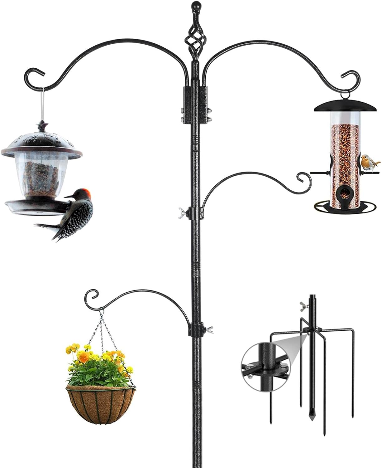 Backyard Birding & Wildlife - Bird Feeding Station Feeder Pole - Multi Hook 63 inches Stand for Watching Attracting Wild Bird Outdoor Hanging Pole by Highpro, 5-Prong Anchor Base