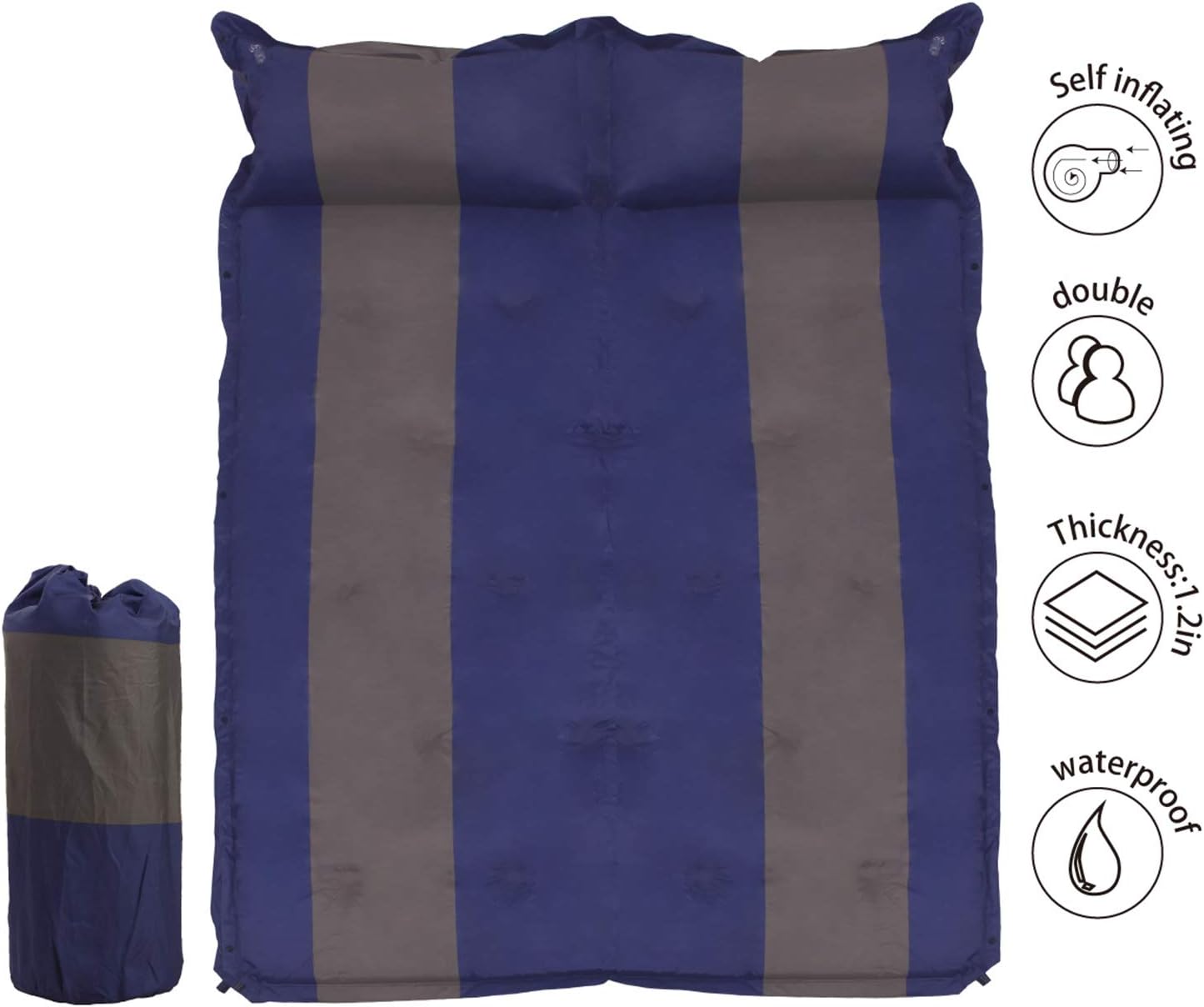 WILD FUN 2 Person Double Self-Inflating Sleeping Pad with Pillow,Lightweight,75" x 52" Sleep Mat, Moisture-Proof Camping Pad, Perfect for Hiking & Backpacking