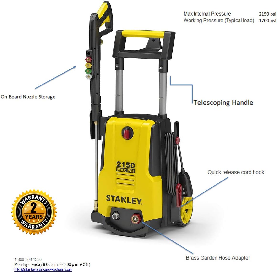 Stanley SHP2150 Electric Pressure Washer with Spray Gun, Quick Connect Nozzles Foam Cannon, 25' Hose, Max PSI 2150, 1.4 GPM : Garden & Outdoor