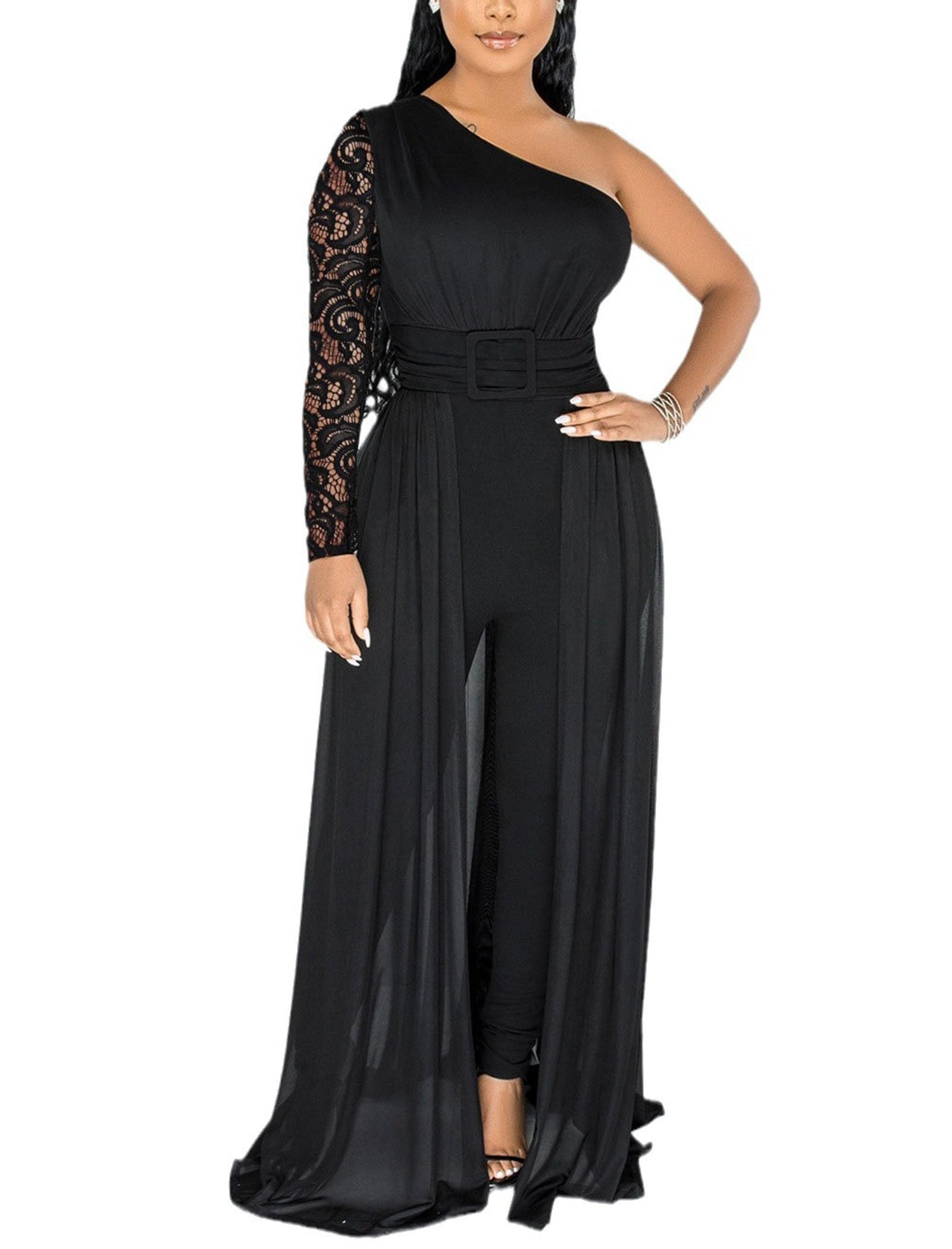 Photo 1 of chicyes Sexy Lace Jumpsuits For Women Dressy One Shoulder High Waist Rompers Sleeveless Bodycon Outfits 2024 Black
