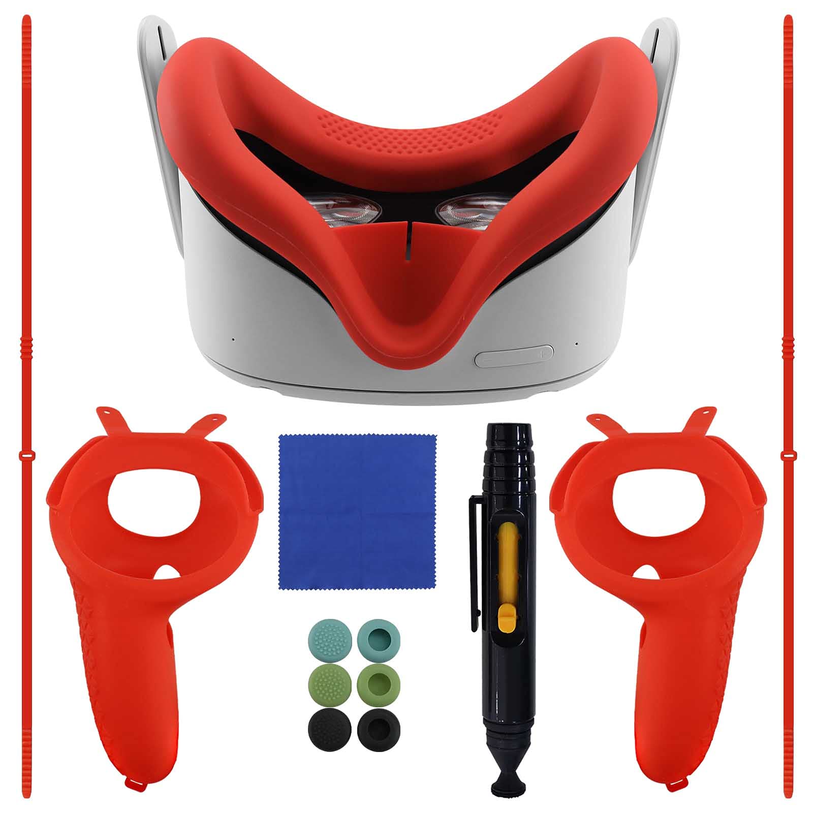 VR Cover Compatible with Oculus Quest 2, Silicone Face Cover, with Anti-Throw Controller Grip Cover, Rubber Grips Cover, Lens Cleaning Cloth, Cleaning Pen and VR Lens Protect Cover (Red)