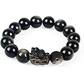 Natural Obsidian Bracelet For Men 10MM | Adjustable Stone Beaded Bracelet | Handmade Obsidian Stretch Elastic Bracelet for Men Women Gifts | with Dragon-Head Sculpture | Black and Silver 7.5"