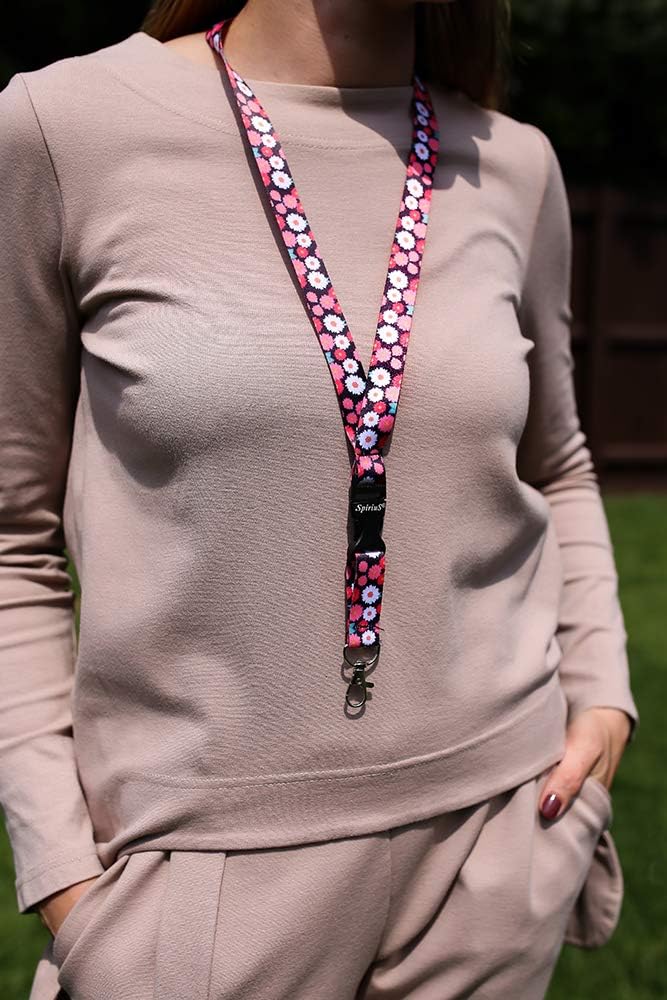 SpiriuS Neck Strap Lanyard with Strong Metal Clip for ID Badge Holder Key Holder (Daisies in Black) - Image 3
