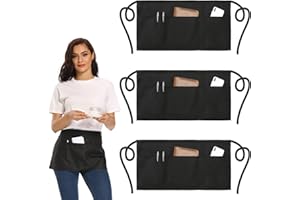 NOBONDO 3 Pack Waitress Aprons with 3 Pockets - Waist Aprons for Women Men Commercial Waiter Half Apron with Extra Long Straps Reinforced Seams for Restaurant Server