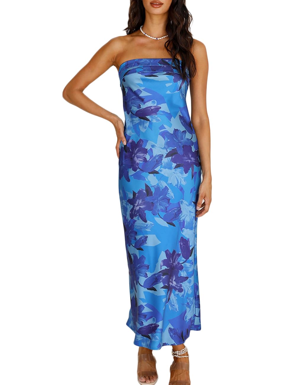 Realtix Summer Satin Print Backless Tube Tops Maxi