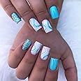 MISUD Short Square Press on Nails Squoval Fake Nails Glossy Glue on Nails Summer Blue Swirl Artificial Acrylic Nails Bling Glitter Stick on False Nails with Design 24 pcs