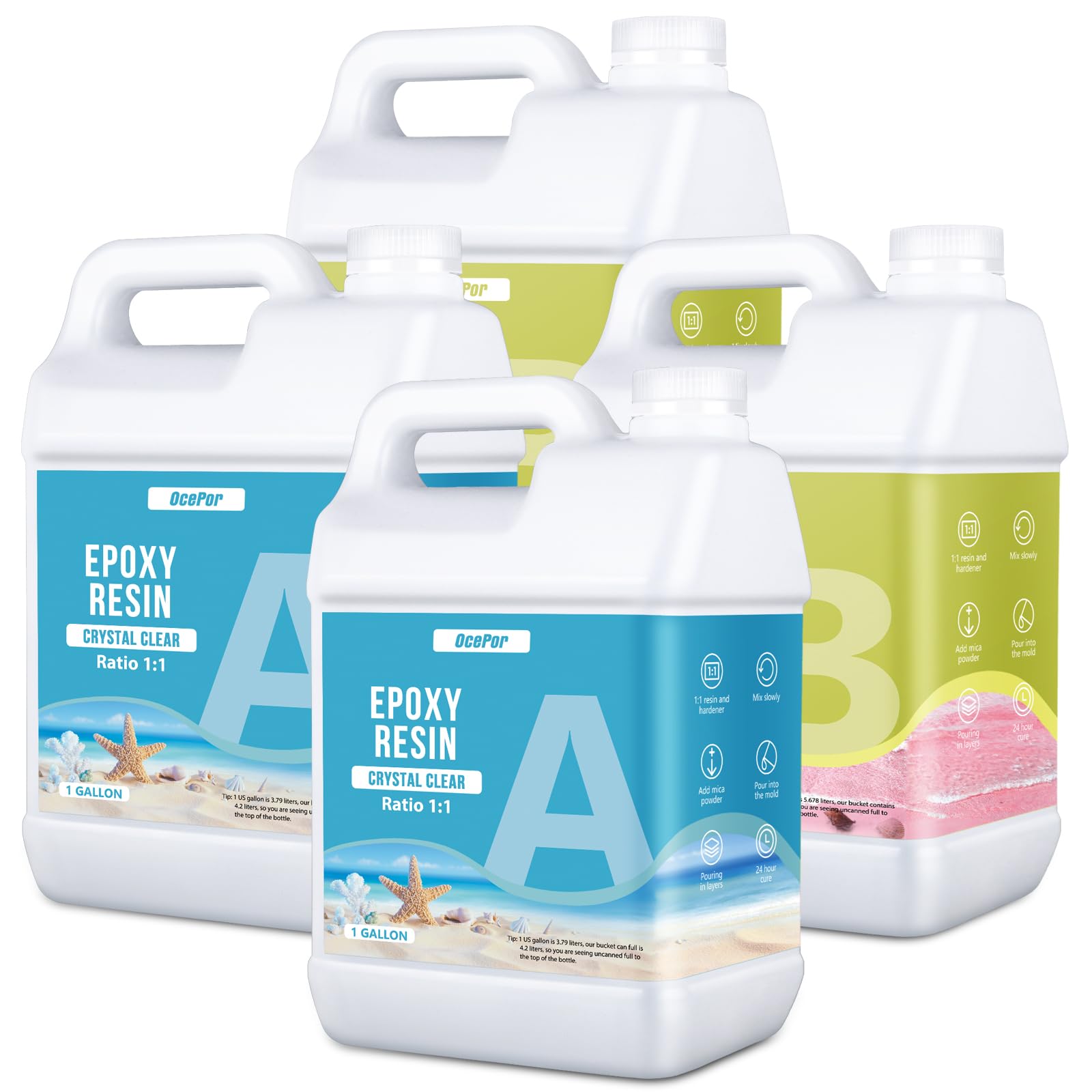 Epoxy Resin-4 Gallon, Crystal Clear Epoxy Resin Kit, No Yellowing No Bubble Art Resin Casting Resin for Art Crafts, Jewelry Making, Wood & Resin Molds(2 Gallon x 2)