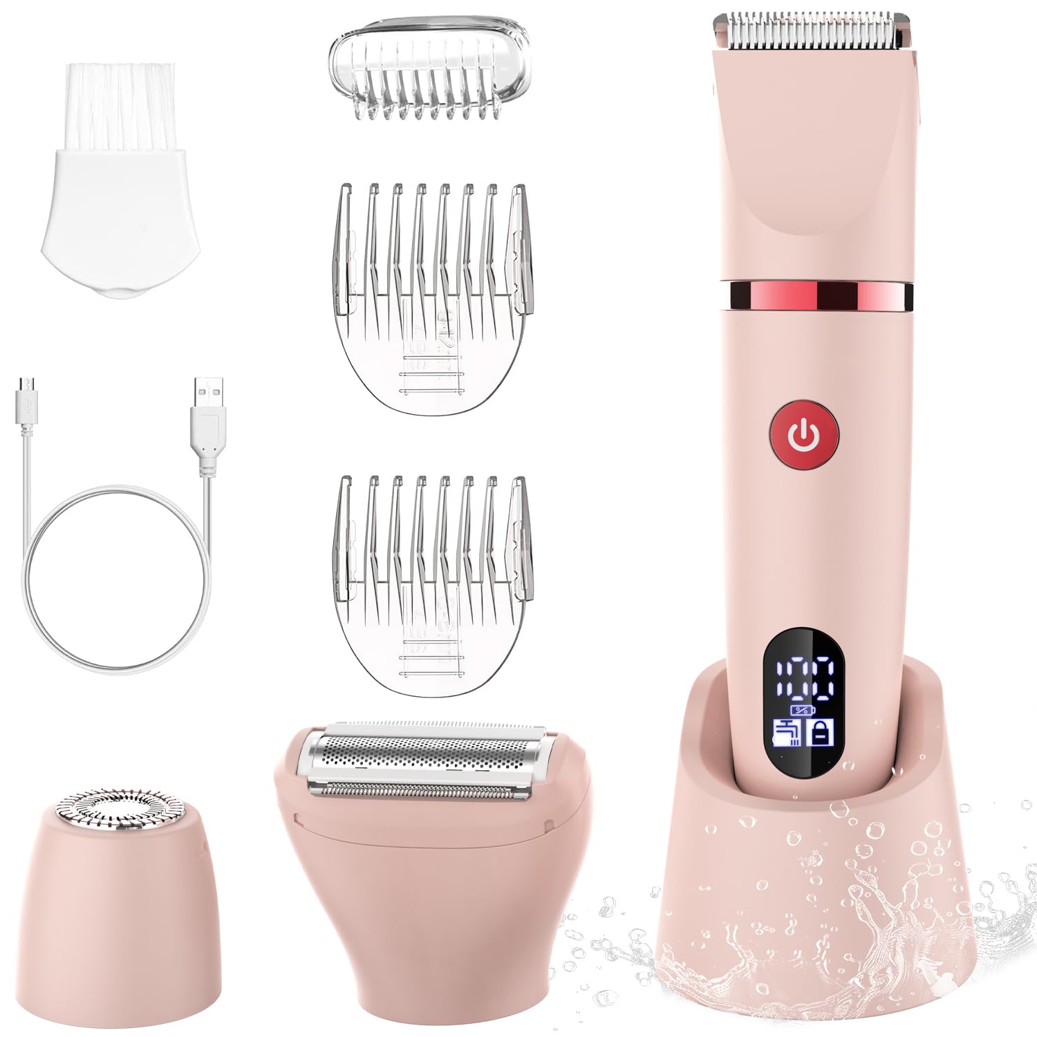 Scttomon Damenrasierer für Gesicht, Achseln, Beine, Arme & Bikinizone Rasierer Elektrorasierer Körpertrimmer Intimrasierer Bikini-Trimmer für Frauen Wasserdicht Nass/Trocken LCD-Display 3-in-1 Rosa