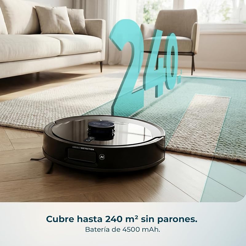 Robô aspirador e esfregão de chão com AI Conga M90 Dark. Navegação a laser, aspiração motora 25000Pa, autonomia 240 minutos, escova de silicone, para animais de estimação, Bluetooth e WiFi, controlo por aplicação