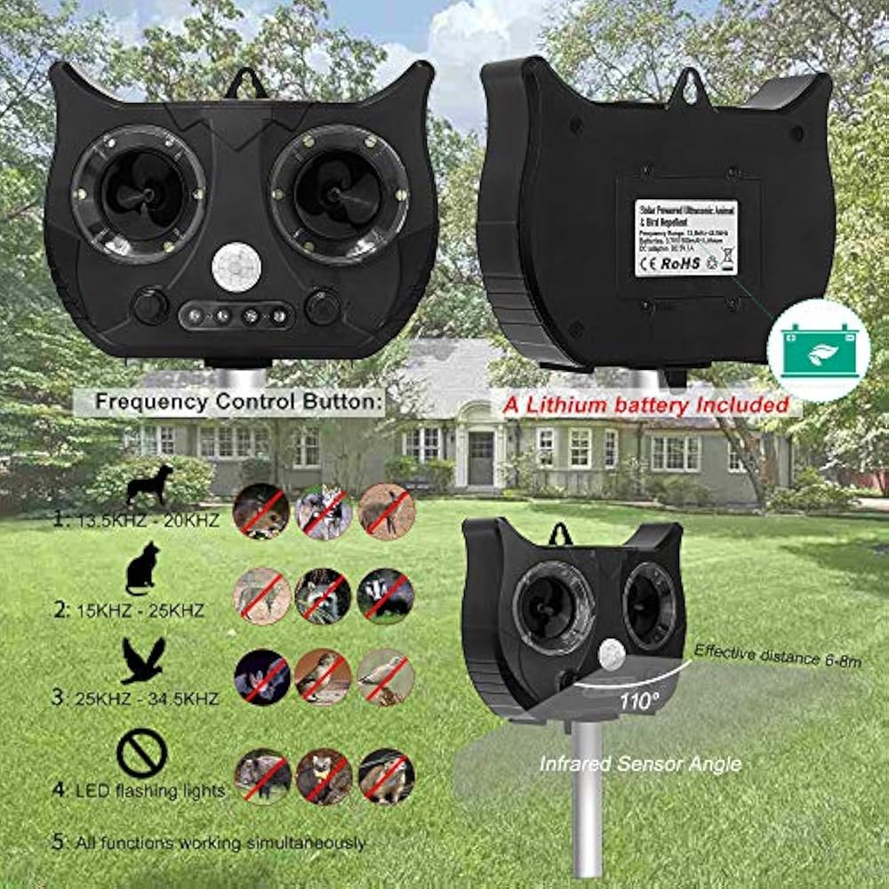 Solar Powered Waterproof Outdoor, Ultrasonic Animal Repeller, Motion