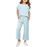 Haloumoning Girls' Clothing Sets Kids Fashion Short Sleeve Crew Neck Tops Wide Leg Pants Sweatsuit with Pocket 5-14Y