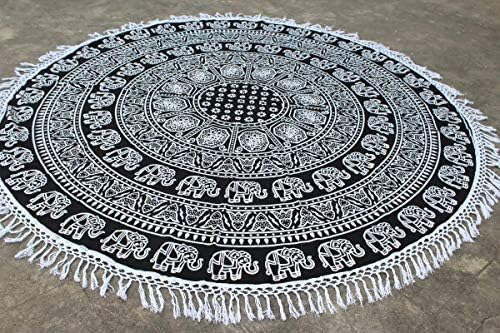 fairdecor 71 INCHES Round Mandala Tassle Fringe Black & White Elephant Print Beach Throw Roundie Yoga Mat Table Cover Meditation Picnic Rugs