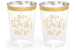 xo, Fetti Thanksgiving Gold Foil Plastic Cups - 30 Disposable Foil 12 oz Cups | Give Thanks Decorations, Festive Party Cups, Autumn Leaves, Pumpkins, Fall Table Décor
