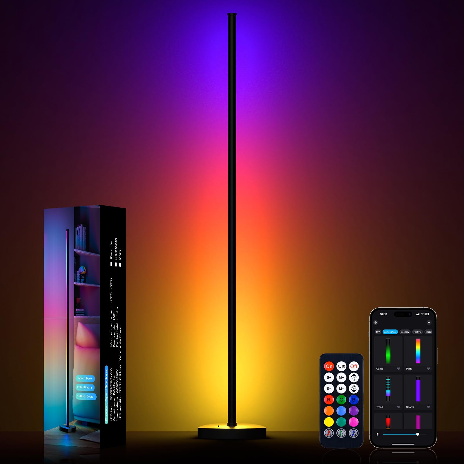Photo 1 of ****************MISSING REMOTE************
MIHEAL RGB Corner Floor Lamp, 57.5" Color Changing LED Corner Lamp with APP Control, Modern Standing Lamp with Music Sync and 16 Million DIY Colors, Heavy Base for Bedroom Living Room Gaming Room