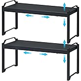 25.5 Inches 2 Pack Expandable Cabinet Shelves, Stackable Shelf Organizer for Kitchen Cabinet Countertop Storage, Adjustable Counter Cupboard Pantry Organizer Shelf Rack Stand Riser, Black