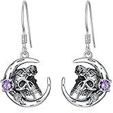 Gothic Moon Skull Rose Drop Earrings, 925 Sterling Silver Natural Amethyst Dangle Earrings, Punk Vintage Jewelry Unique Gift for Women