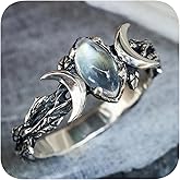 Vintage 925 Plated Thai Silver Triple Moon Phase Ring Oval Moonstone Rings for Women Dainty Gemstone Crystal Statement Ring Boho Jewelry for Women's Size 7#