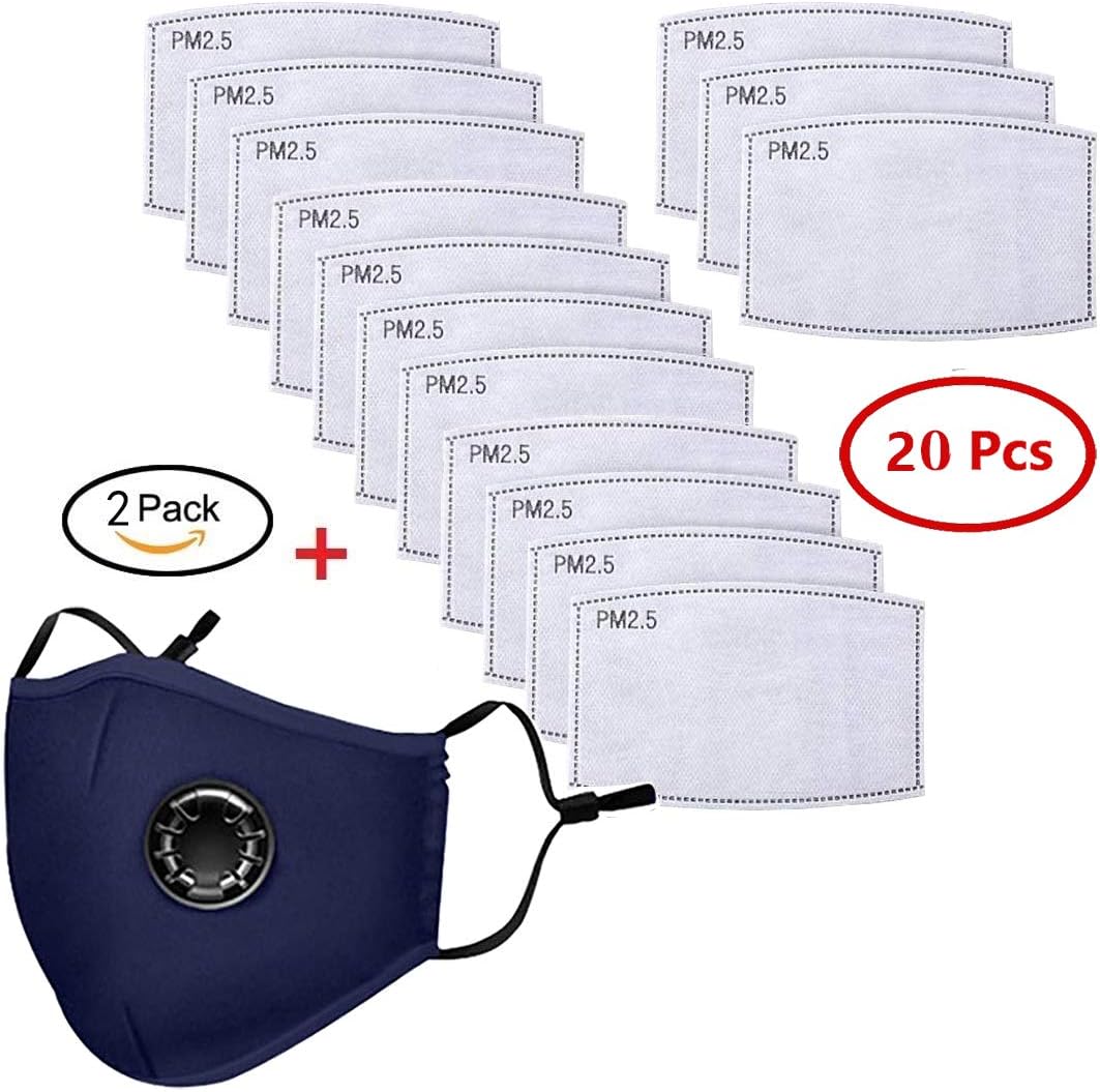 2 Pack Reusable Mouth Filter Breathing Mask with 20 pcs PM2.5 Pollutant Filters, Blue Cotton Face Mask for Walking Camping Travel