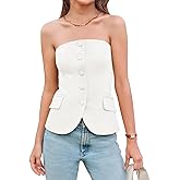 Yousify Sleeveless Vest Tops for Women 2025 Fashion Smocked Off The Shoulder Button Tube Top Blazer Vest with Pockets White M