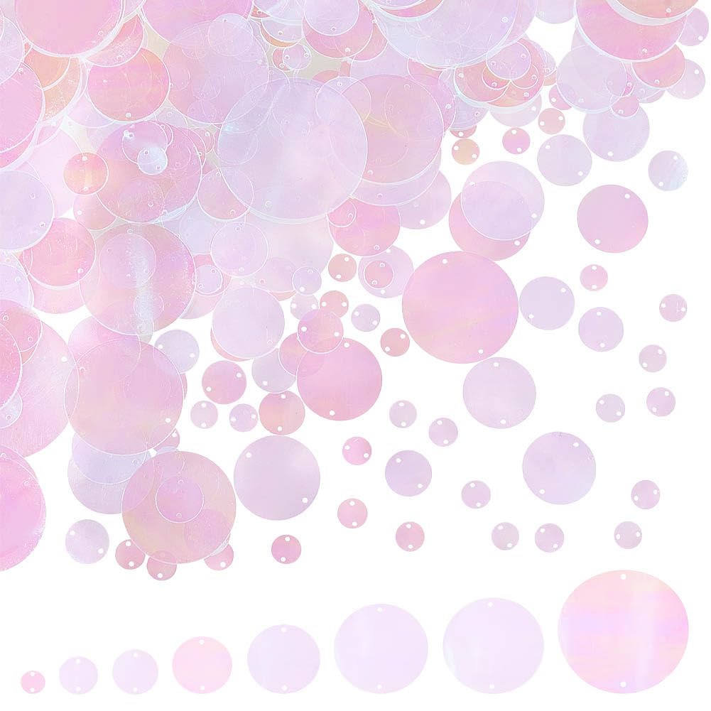 PH PandaHall 390Pcs Flat Round Sequin Loose Sequins, 8 Sizes Iridescent Spangles Transparent Bulk Sequins Craft Sequins with Double Holes for Wedding Embellishment DIY Crafts Sewing Clothing
