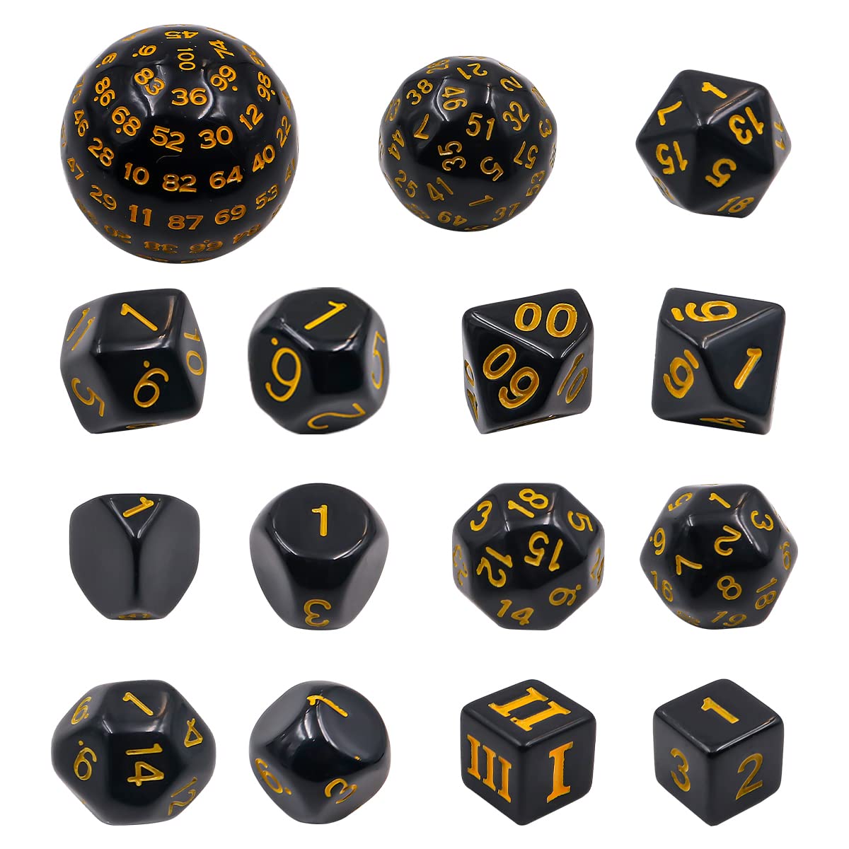 DollaTek 15 Pieces Complete Polyhedral Dice Set D3-D100 Game Dice Set for Role Playing Table Games Black and Yellow
