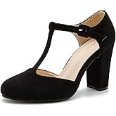 Women's T-Strap Mary Jane Pumps, Chunky Heel, Vintage Style, Cut Out, 3.54 Inch Round Toe Dress Shoes