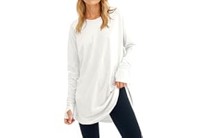 Fisoew Women's Casual Long Sleeve Tops Crew Neck Round Hem Loose T-Shirts Tunic Tops with Thumb Holes