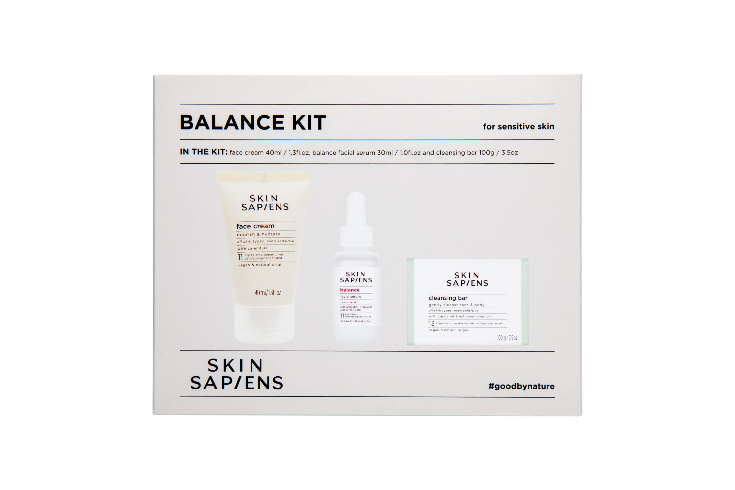 SKIN SAPIENS Balance kit for sensitive skin, Ecocert Cosmos Natural, Cruelty Free and Vegan Skincare, Soap-Free Cleansing Bar, Nourish & Hydrate Cream, Balance Facial Serum