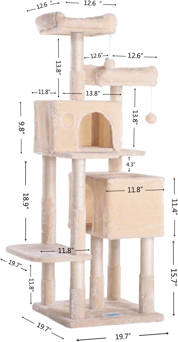 Hey-brother 60 inches Multi-Level Cat Tree Condo Furniture with Sisal-Covered Scratching Posts, 2 Plush Condos, 2 Plush Perches, for Kittens, Cats and Pets, Beige MPJ012M : Pet Supplies