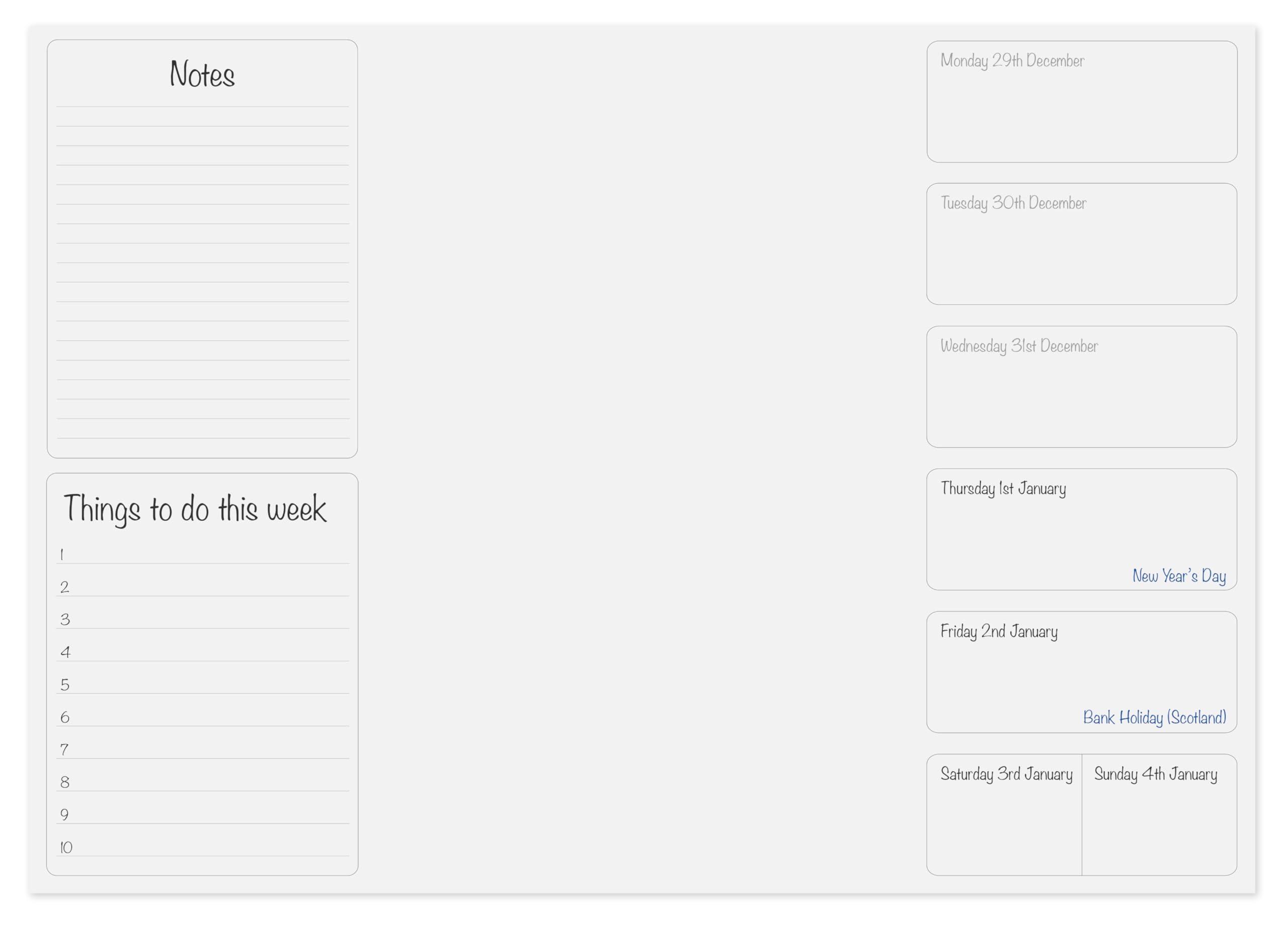 2026 A3 days of the week calendar desk pad, week to view