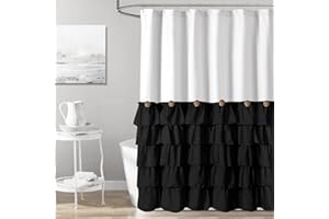 Seasonwood Black and White Farmhouse Shower Curtain 72 x 72 Black Ruffle Shower Curtain with Vintage Buttons, Rustic Decorative Fabric Shower Curtains for Guest Bathroom, 72" x 72", Black and White