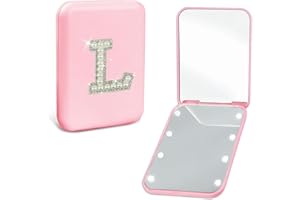 Aganmi Personalized Birthday Graduation Gifts for Teen Girls Her Pearl Initial Pink Travel Compact Mirror with Lights Portable 1X/2X Magnification 2-Sided Mini LED Pocket Makeup Mirror for Purse (L)