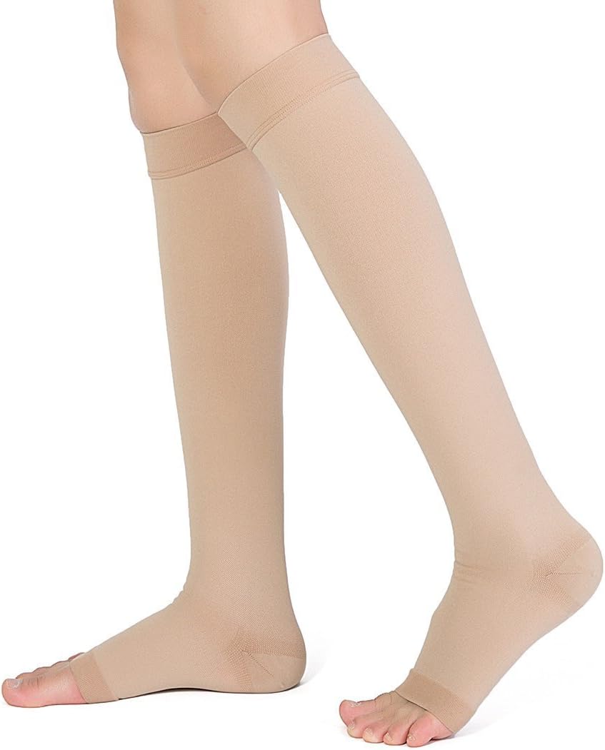 Kingbridal Knee High Compression Stockings Support 20-30mmHg Opaque Maternity Pregnancy Compression Socks Open-Toe Ankle & Arch Support Swelling Varicose Veins Edema Spider Veins Open-Toe Nude S/M