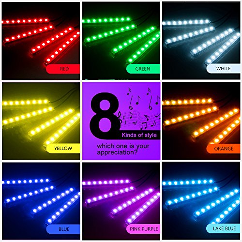 CARANTEE Car LED Strip Light - Multicolor Music Interior Car Lights, 4pcs 48 LEDs 8 Colors Wireless Remote Control with Sound Active Function Under Dash Lighting kits(DC 12V)
