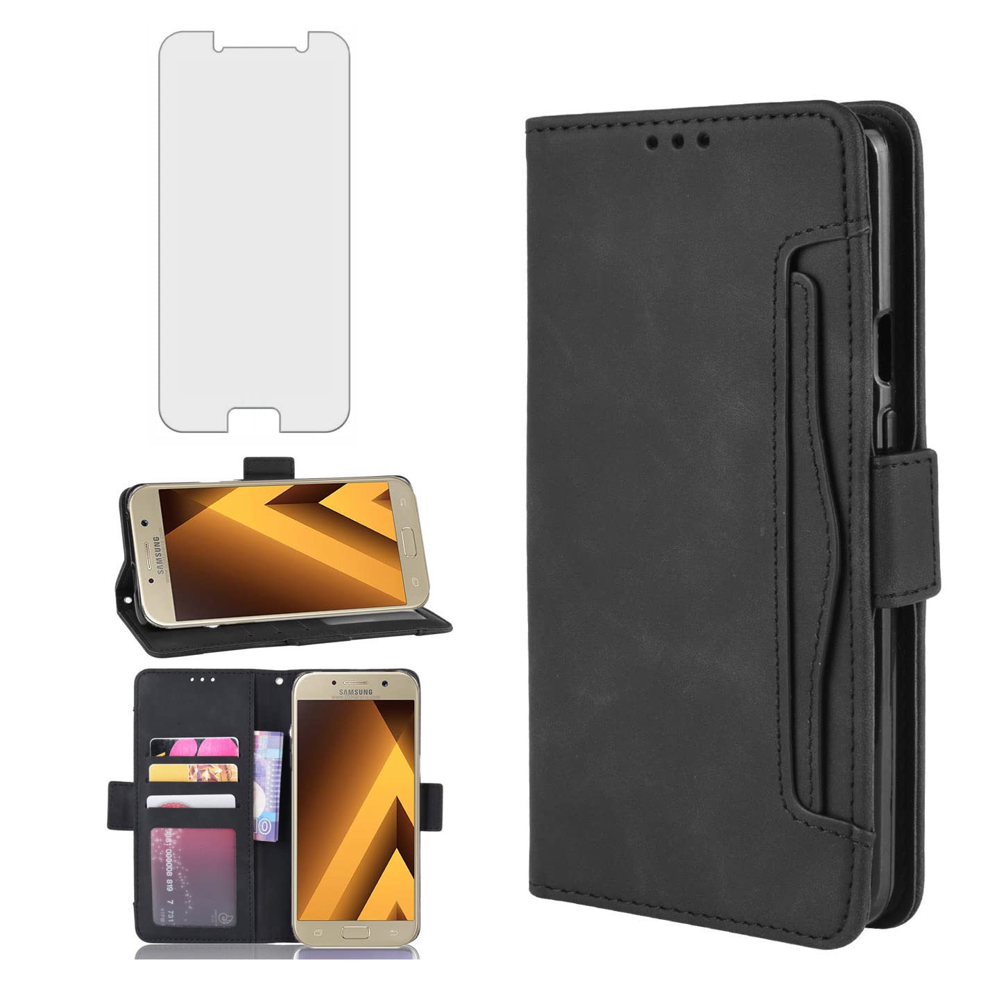 Phone Case for Samsung Galaxy S7 Edge Wallet With Tempered Glass Screen Protector Card Holder Slot ID Credit Stand Kickstand Leather Glaxay S7edge Gaxaly S 7 Plus Galaxies GS7 7s 7edge Women Men Black