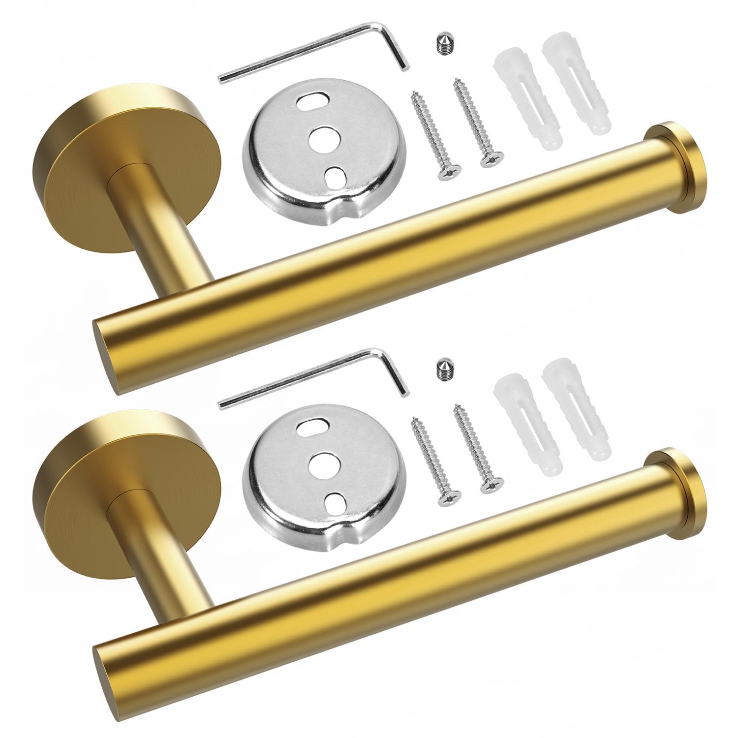 Vinsani 2PK Toilet Roll Holder Dispenser Wall Mounted Stainless Steel Minimalist Modern Style Rust Resistant Rotate Proof Toilet Paper Holder for Bathroom & Kitchen – Brush Golden