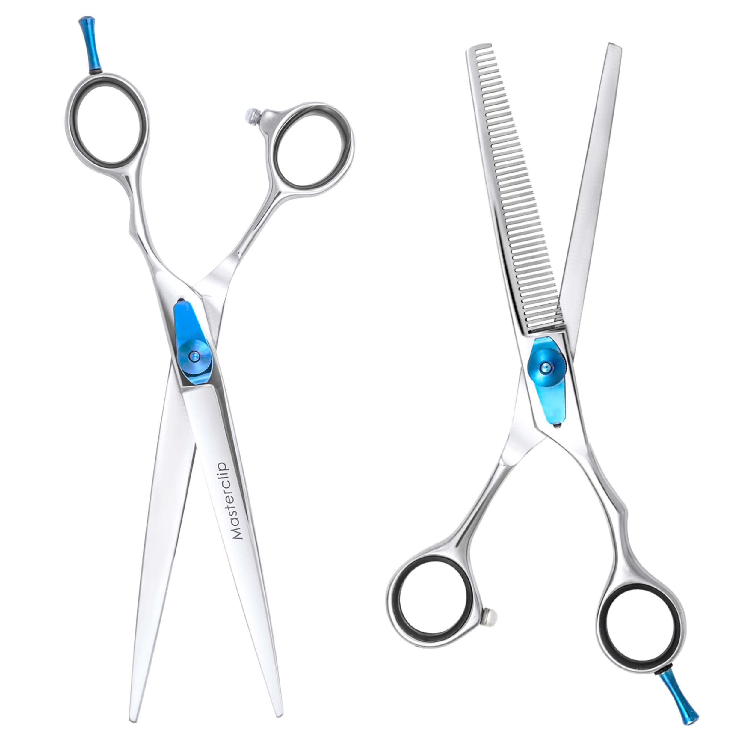 Masterclip Essentials 7.5” Finishing & 6.5” Thinning Scissor Set – Professional High Grade Stainless Steel Easy Grip Dog Grooming Scissors – Ideal for Trimming and Thinning (Right-Handed Twin Pack)