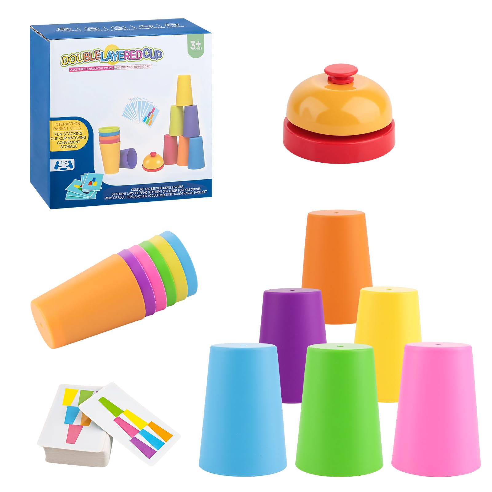 Stacking Cups - Classic Matching Stacking Toys for Kids, Fun Sensory Toys and Family Board Game with 54 Cards, 12 Cups and 1 Bell, Perfect for Family Gatherings, Parties or Travel (2-player versus)