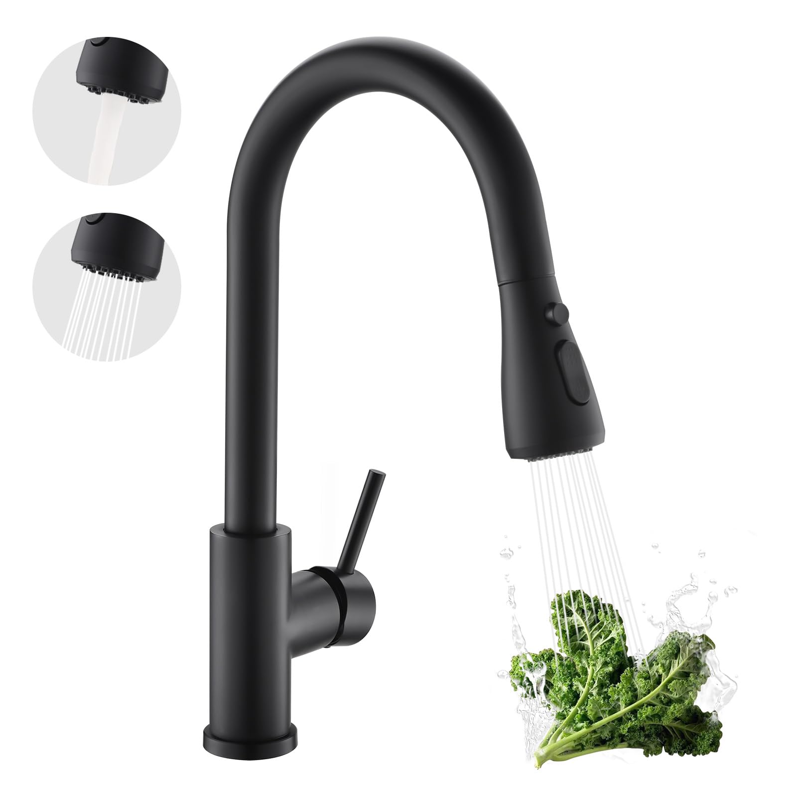 Kicimpro Matte Black Kitchen Faucet with Pull Down Sprayer, 304 Stainless Steel, 23-Inch Extended Hose Design, Three Water Functional Ways, Easy Installation Image