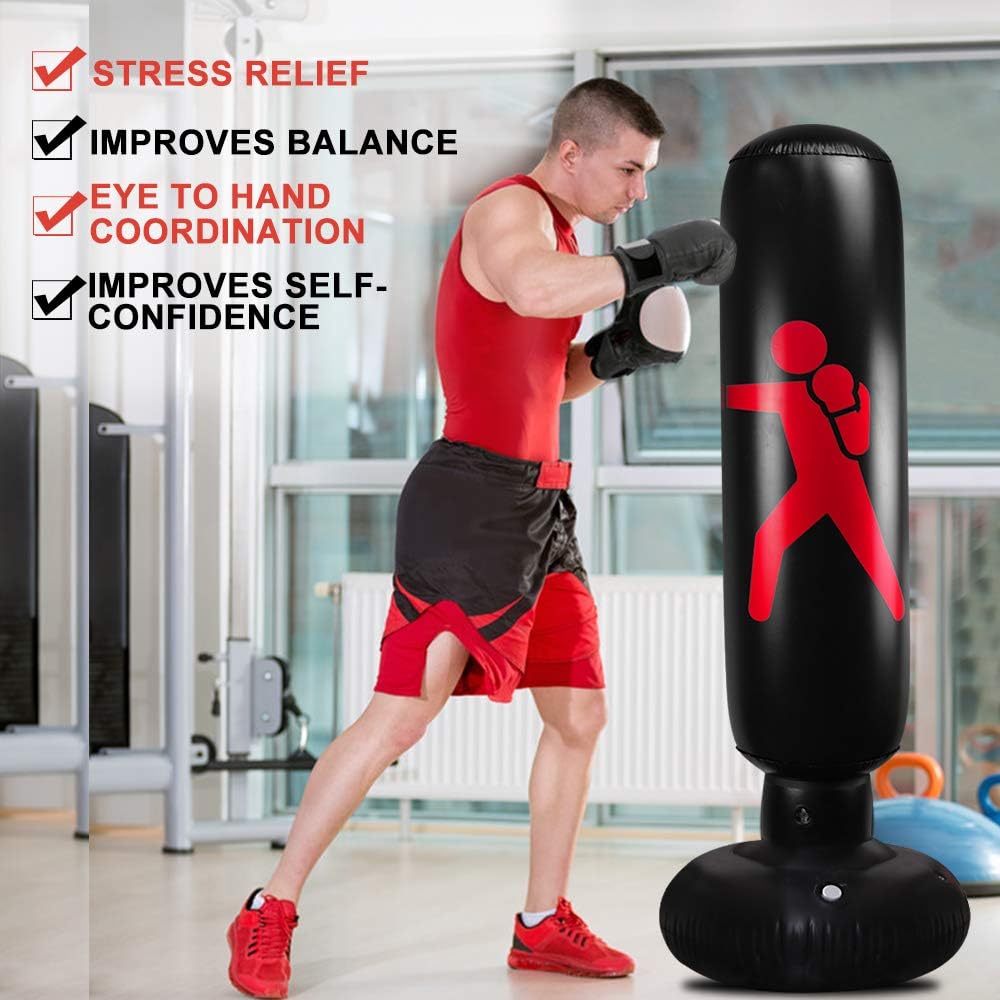 QIQU Kids Punching Bag-63inch Free Standing Punching Bag Humanoid Pattern Inflatable Boxing Toy Big Punching Bag for Kids (Black) : Sports & Outdoors