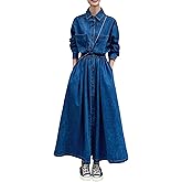 Sexyshine Women's Denim Dress Lapel Button Down Long Sleeve A Line Jeans Maxi Dress Plus Size Denim Shirt Dress with Pockets