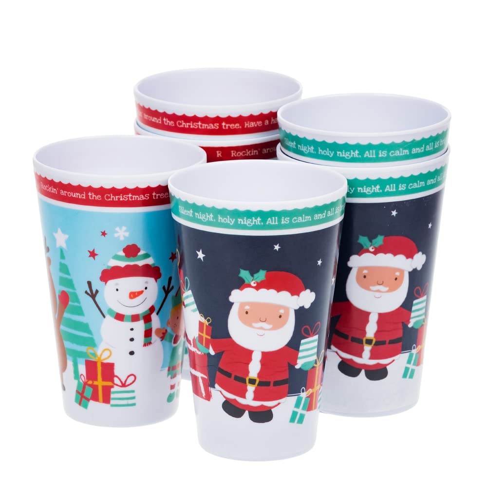 Invero 6 Pack of Children’s Christmas Reindeer and Santa Printed Tumbler Drinking Cups 500ml - Ideal for All Households, Kids, Xmas Parties and More (8cm x 13cm)