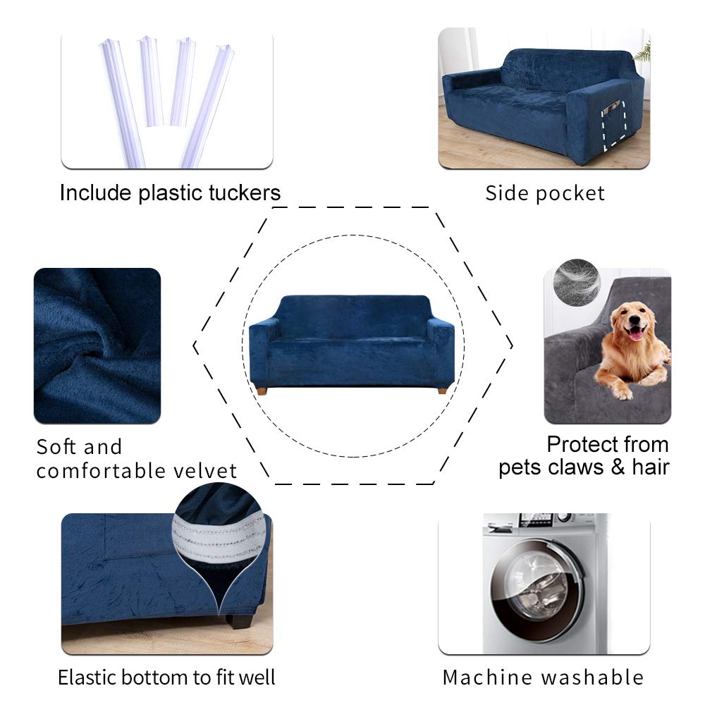ACOMOPACK Velvet Sofa Cover Stretch Couch Cover for 2 Cushion Couch Cover Sofa Slipcover with Plastic Tuckers and Side Pocket for Living Room Furniture Protector for Dogs(Loveseat, Navy Blue)