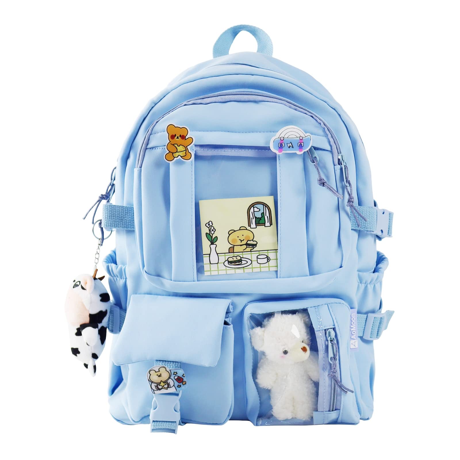 Photo 1 of AoMoon Kawaii Backpack Lovely Pastel Rucksack for Teen Girls Aesthetic Student Bookbags with Kawaii Pin and Cute Accessories (Light Blue-C)