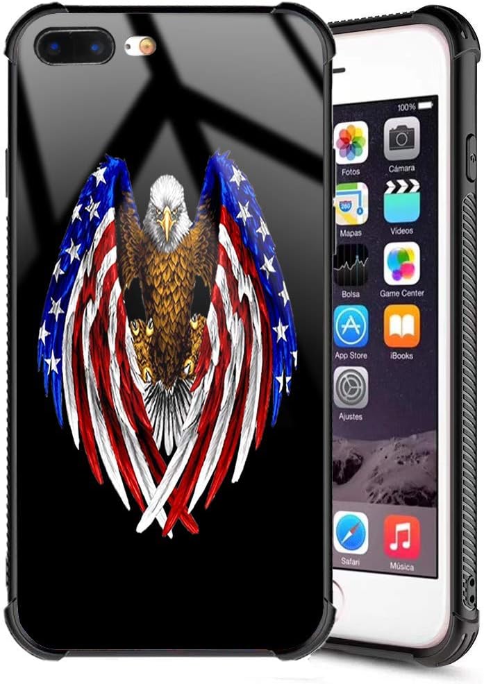 iPhone 7 Plus Case for Boys Men American Eagle iPhone 8 Plus Case Slim Fit Tempered Glass Black Cover and Soft Silicone Shockproof Anti-Slip Bumper Protective Case for iPhone 7 Plus/8 Plus 5.5inch