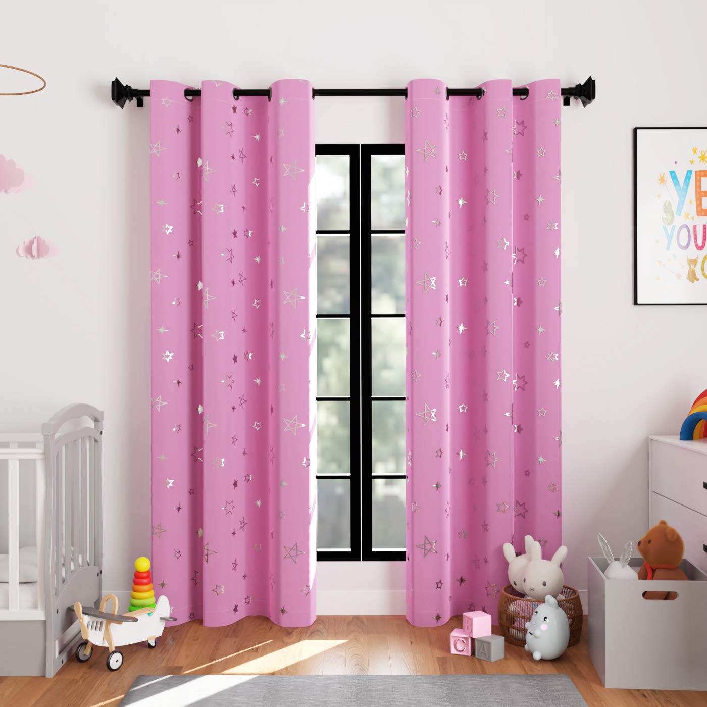 Encasa XO Printed Blackout Curtains 44x84 in, 2 pcs | Silver Foil Star Pink Design I Room Darkening - Blocks 85% Light | Sound And Heat Reduction For Bedroom, Living Room I Machine Wash