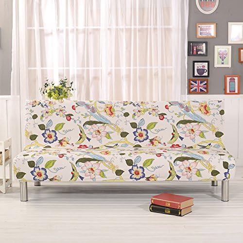 Floral Prints Armless Sofa Cover, Polyester Spandex Fabric Stretch Slipcovers Seater Couch Protector fit Folding Sofa Bed without Armrests
