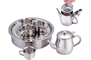 Kids Steel Tea Set - 70ml Mini Drinkware, Teapot and Cups, Long Spout Pouring Pot | Metal Tea Serving Set for Students Beginn